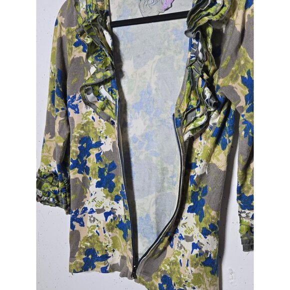 Twelve by Twelve Floral 3/4 Sleeve Full Zip Cardigan Sweater Size Medium Ruffled - Picture 5 of 11